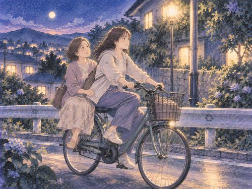 夜道で成人女性が母親を後ろに乗せて自転車をこぐ場面