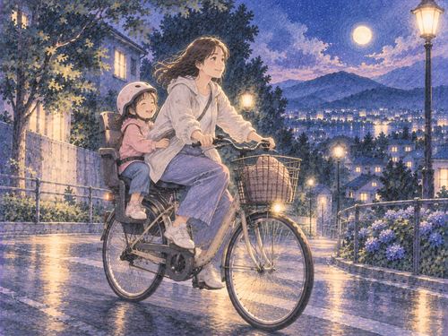 子供を後ろに乗せて夜道を自転車で走る大人の女性