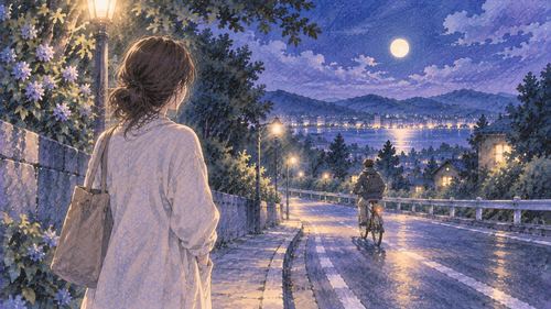 夜道で自転車に乗る人を少し離れた場所から見つめる女性