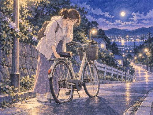 夜道で後輪がしぼんだ自転車を見て立ち止まる人物