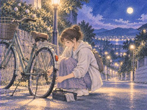 夜の街灯の下で自転車のタイヤを修理する人物