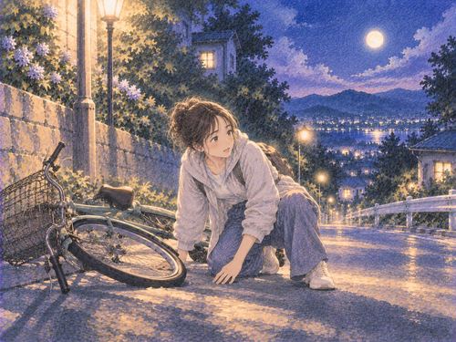 自転車でバランスを崩して穏やかに転んだ人物が起き上がろうとする場面