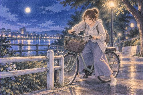 夜道で自転車の前輪が低い柵に軽く当たり立ち止まる人物