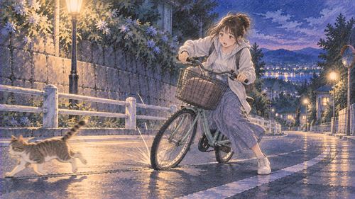 夜道で自転車が急停止し人物が驚いている事故寸前の象徴的な場面