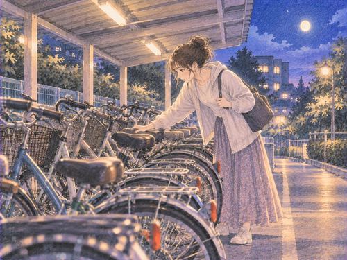 夜の駐輪スペースで自分の自転車を探す女性