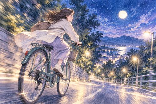 夜道を速いスピードで自転車走行する人物と流れる街灯