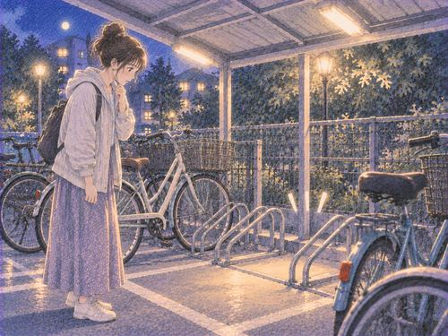 空いた自転車置き場を見つめて戸惑う大人の女性