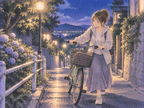 夜道で自転車を横に押しながらゆっくり歩く女性