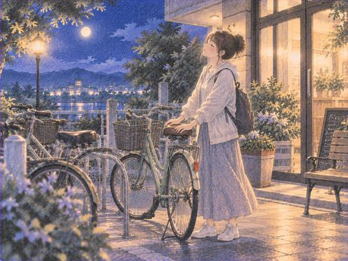 夜の目的地で自転車を停めてほっとする女性