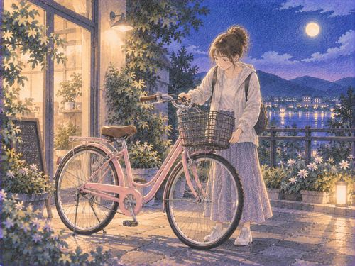 月明かりの下で新しい自転車を嬉しそうに見つめる女性
