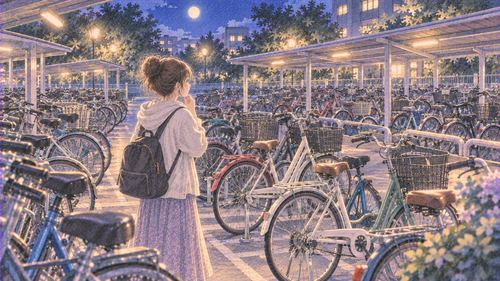 夜の広い駐輪場に並ぶたくさんの自転車を眺める女性