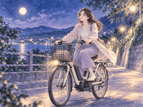 夜道を電動自転車で軽やかに進む大人の女性