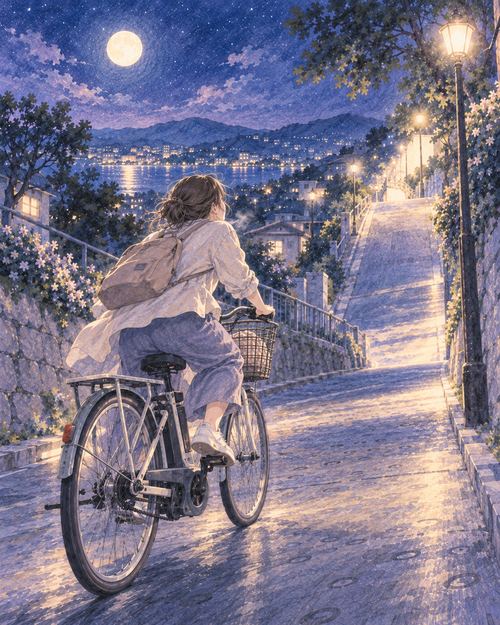 月明かりの坂道を自転車で懸命に上る人物