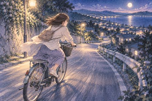 夜の坂道を自転車で下りながらブレーキを意識する人物