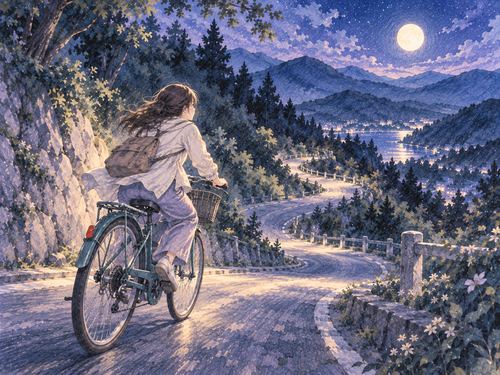 曲がりくねった夜の山道を自転車で進む人物