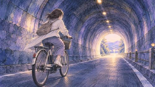 暗すぎないトンネルを自転車で走り遠くの出口の光を見る人物