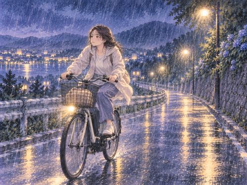 雨の夜道を自転車で慎重に走る人物
