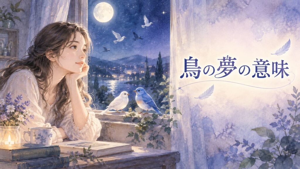 月明かりの窓辺で白い鳥と青い鳥を見つめる大人の女性
