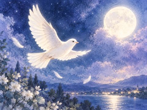 月明かりの夜空を静かに飛ぶ白い小鳥