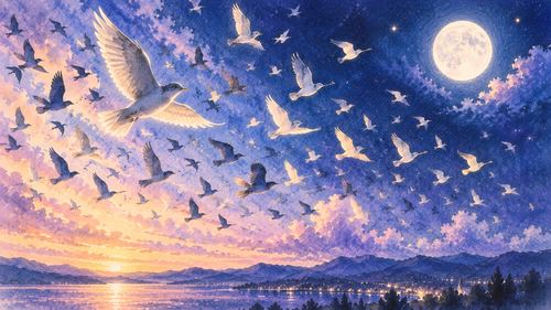 夜空いっぱいに広がって飛ぶ鳥の群れ