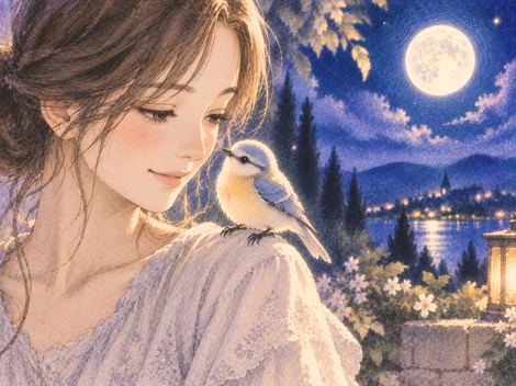 大人の女性の肩に静かにとまる小鳥