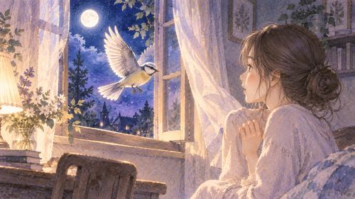 開いた窓から夜の部屋へ飛び込んでくる鳥