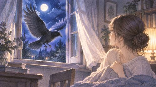 開いた窓から静かな部屋へ入ってくる黒い鳥