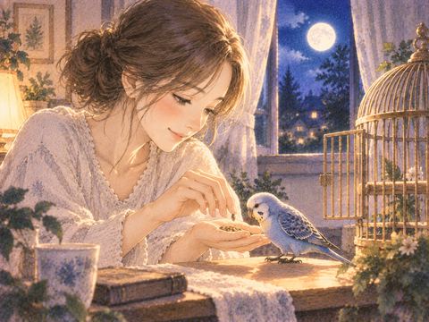 室内で小鳥へ餌を与える大人の女性