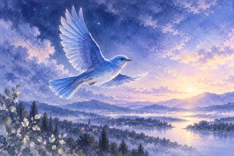 夜明け前の空を遠くへ飛ぶ青い鳥