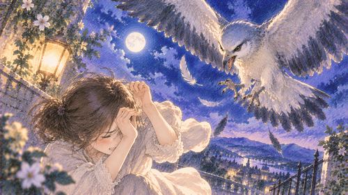 羽ばたきながら近づく鳥から身をかがめる女性