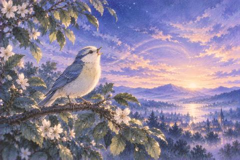 夜明け前の枝でさえずる小鳥と静かな空