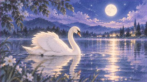 月夜の湖を静かに進む白鳥