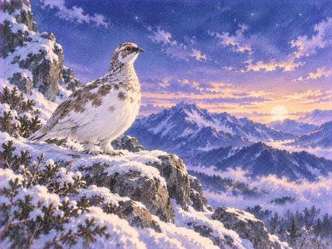 雪の山で静かに立つ雷鳥