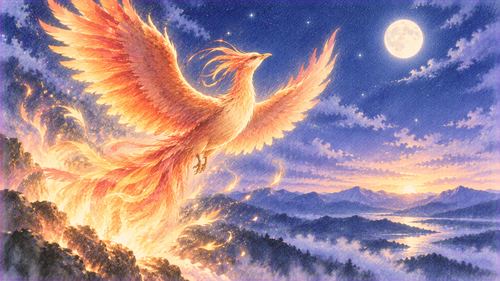 淡い炎と光の中から飛び立つ幻想的な不死鳥