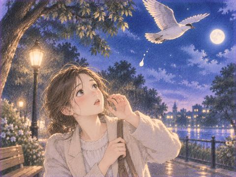 頭上を飛ぶ鳥からフンが落ちてきて驚く女性