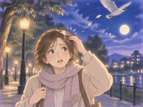 鳥のフンが髪に少しかかり困った表情をする女性