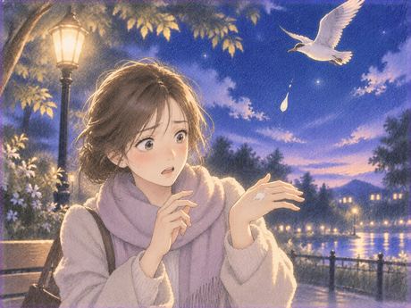 差し出した手に鳥のフンが少しかかり驚く女性