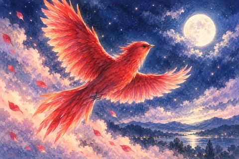 夜空を勢いよく飛ぶ赤い鳥