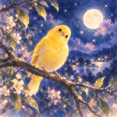 夜の枝で首をかしげる黄色い小鳥