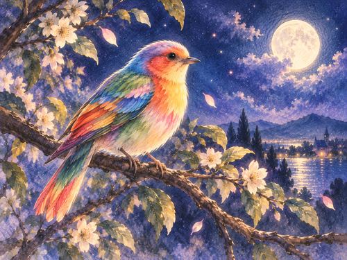 色とりどりの羽を持つ鳥が夜の枝にとまる様子