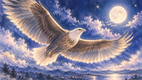広い夜空を悠々と飛ぶ大きな鳥