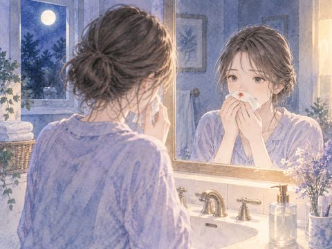 夜の洗面台で鼻元をそっと押さえる女性と淡い赤い跡