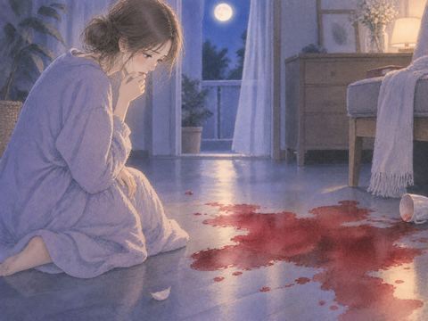 床に大きく広がる赤い水彩のにじみを見つめる女性