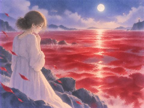 赤い水彩の海のような景色を遠くから見つめる女性