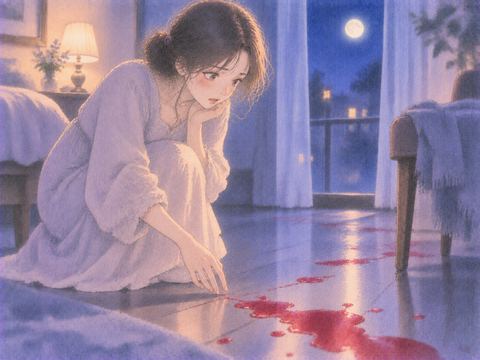 床の小さな赤い跡へ近づいて見つめる女性
