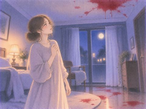 静かな部屋の天井と床に淡い赤い跡を見つける女性