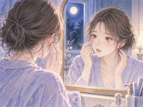 鏡を見つめる女性の目元と耳元に淡い赤い夢のにじみがある場面