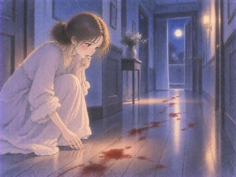 床に残る乾いた赤い跡を見つめる女性