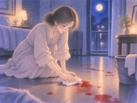 床の淡い赤い跡を白い布で拭く女性の手元