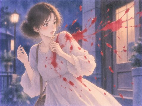 突然かかった赤い水彩のしぶきに戸惑う女性